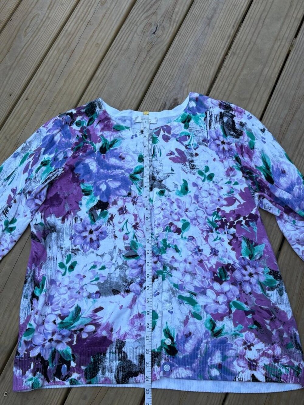 CJ Banks Women’s 1X Floral Button Front Cardigan Purple Green Plus Size - Picture 7 of 8